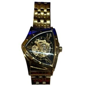 Gold Tone Men Watch Triangle Face 30M Waterproof Skeleton Hollow Automatic Works